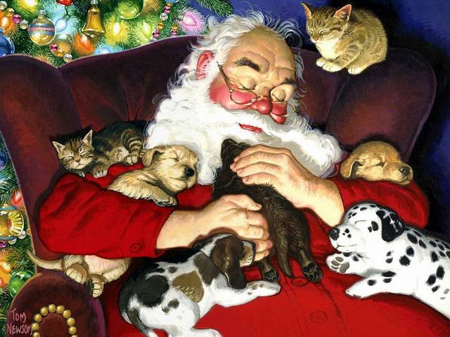 Christmas-Eve-Santa-Claus-with-Pets-by-Tom-Newsom