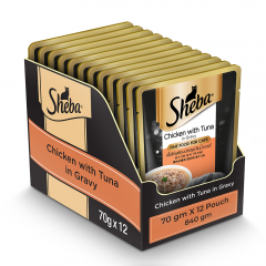Sheba Rich Premium Adult (+1 Year) Fine Wet Cat Food, Chicken With Tuna In Gravy- Pack of 12 (70g x 12)
