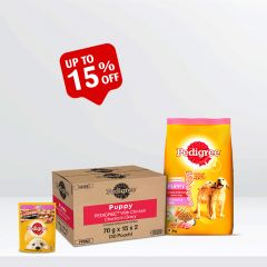 Pedigree Puppy Combo Pack: Chicken & Milk Puppy Dry Dog Food, 3 kg and Gravy Box for Puppy, 30 Pcs