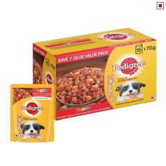 Pedigree Puppy Wet Dog Food, Chicken And Liver Chunks Flavour in Gravy with Vegetables, 15 Pouches ( 15 X 70 g )