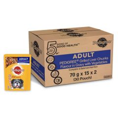 Pedigree Adult Wet Dog Food, Grilled Liver Chunks Flavour in Gravy with Vegetables, 30 Pouches ( 30 X 70 g )
