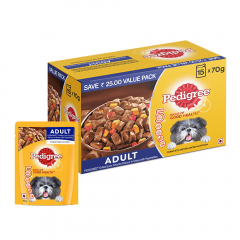 .Pedigree Adult Wet Dog Food, Grilled Liver Chunks Flavour in Gravy with Vegetables, 15 Pouches ( 15 X 70 g )